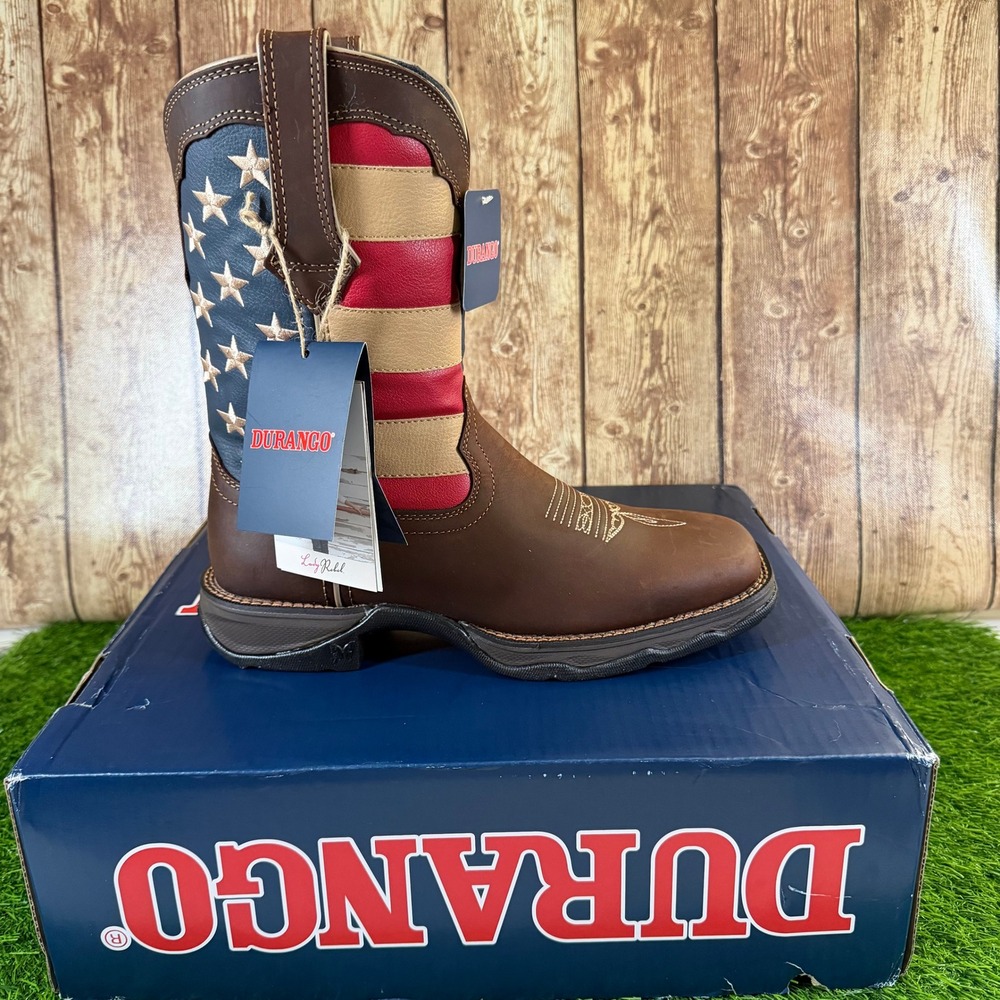 Durango Lady Rebel Cowboy Boots Womens Size 9 Brown Flag Square Toe RD4414